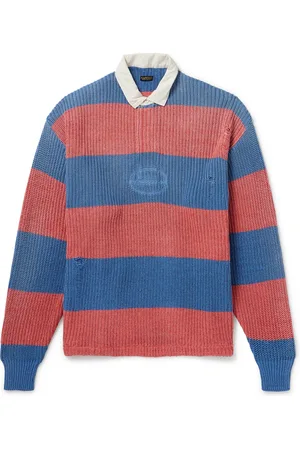 KAPITAL Rugger Distressed Striped Ribbed Cotton-Blend Polo Shirt - Men - - 3