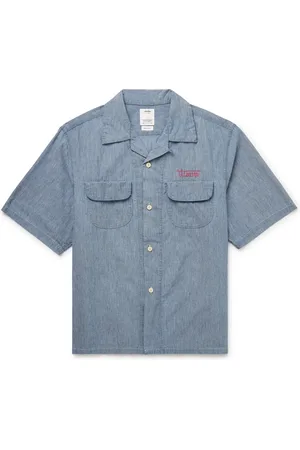 VISVIM Keesey Convertible-Collar Logo-Embroidered Cotton and Silk-Blend Chambray Shirt - Men - - 3