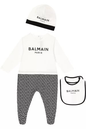 Balmain Baby onesie, bib, and hat set