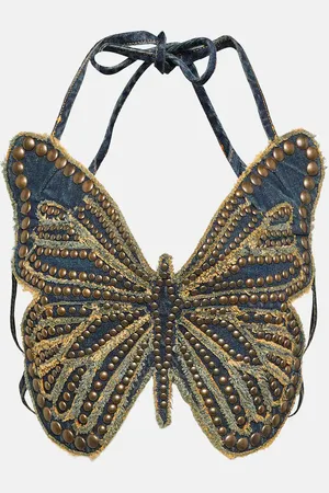 BLUMARINE Embellished denim crop top