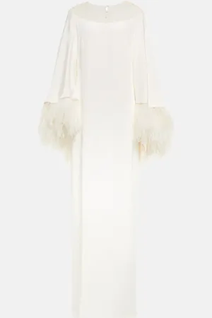MONIQUE LHUILLIER Feather-trimmed silk dress
