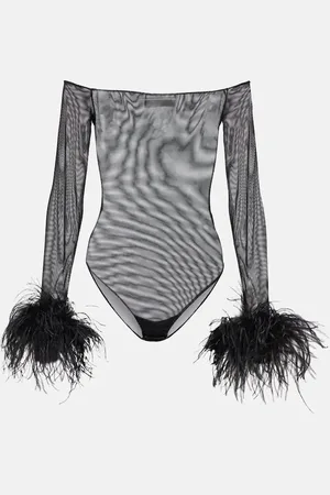 Oseree OsÃ©ree Feather-trimmed mesh bodysuit