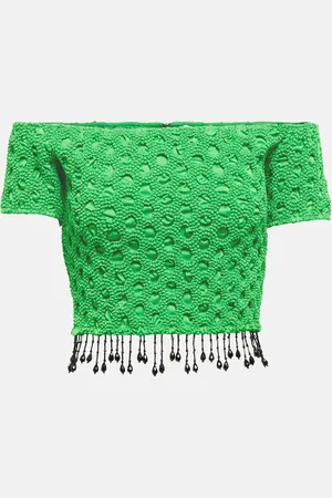 Ganni Smocked off-shoulder satin top