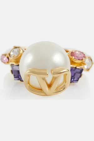 VALENTINO VLogo faux pearl and crystal ring