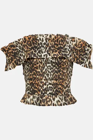 Ganni Leopard-print off-shoulder voile top