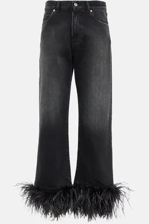 VALENTINO Feather-trimmed high-rise wide-leg jeans