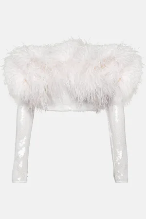 DAVID KOMA Sequined feather-trimmed crop top