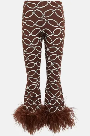 VALENTINO Feather-trimmed printed pants