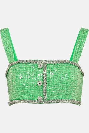 Self-Portrait Embellished sequined bouclÃ© crop top