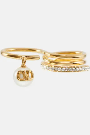 VALENTINO VLogo faux pearl and crystal stacked ring