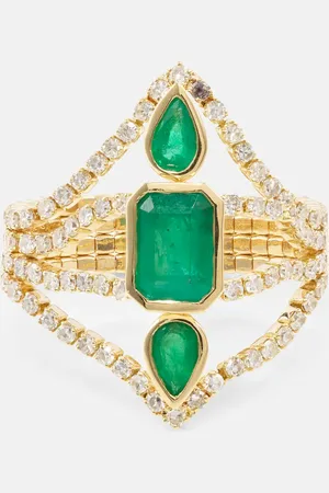 Shay Delicate Deco 18kt gold ring with emeralds and diamonds