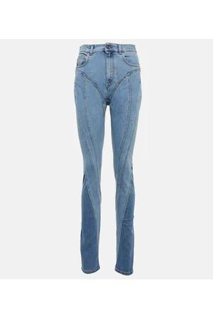 MUGLER Stretch Jersey-paneled High-rise Skinny Jeans - Blue