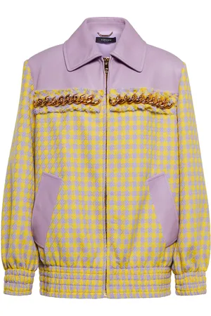VERSACE Leather-trimmed checked wool jacket