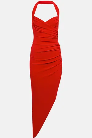 Norma Kamali Cayla halterneck ruched midi dress