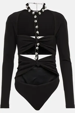 AREA Chain-link crystal-embellished jersey bodysuit