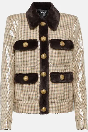 Balmain Sequined faux fur-trimmed jacket