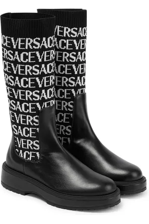 VERSACE Jacquard knit-trimmed leather boots