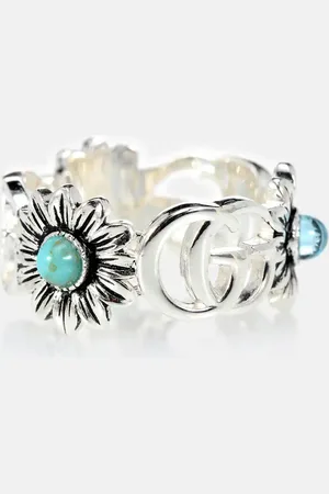 Gucci Double G flower sterling ring with topaz and mother of pearl