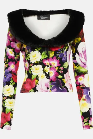 BLUMARINE Faux fur-trimmed floral cardigan