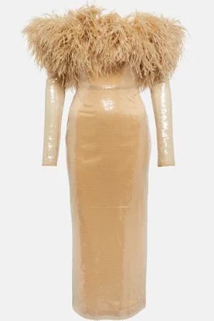 DAVID KOMA Feather-trimmed sequined midi dress