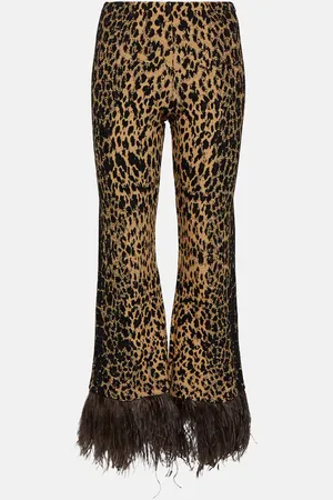VALENTINO Feather-trimmed leopard-print flared pants