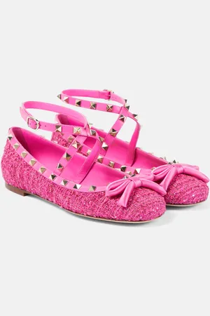 VALENTINO GARAVANI Rockstud leather-trimmed bouclÃ© ballet flats