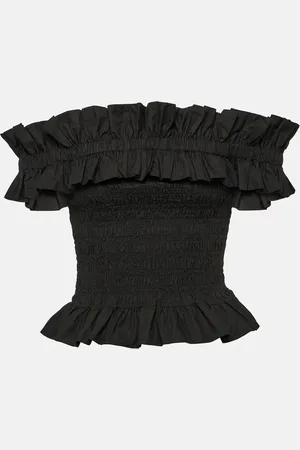 Ganni Smocked off-shoulder cotton poplin top