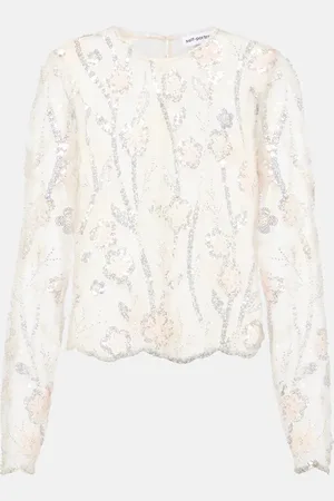 Self-Portrait Floral sequined mesh top