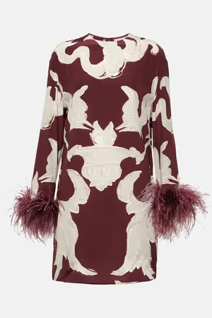 VALENTINO Printed feather-trimmed silk minidress