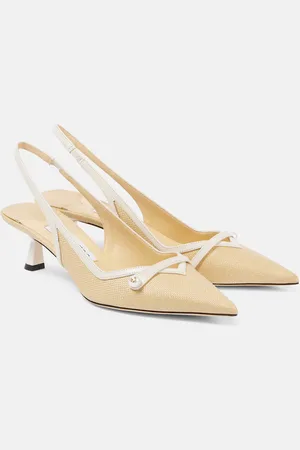 Jimmy Choo Amita 45 leather-trimmed raffia slingback pumps