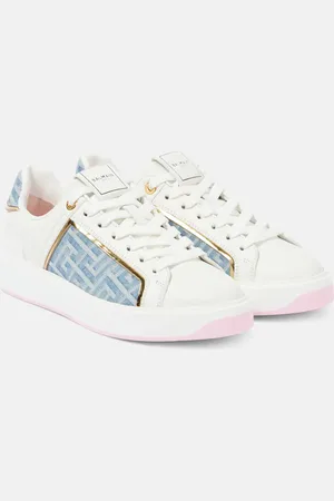 Balmain B-Court denim-trimmed leather sneakers