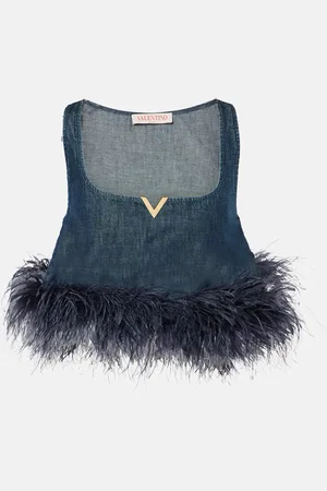 VALENTINO VGold feather-trimmed denim bra top