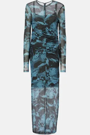 Ganni Printed ruched mesh maxi dress