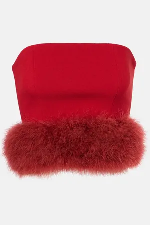 BLUMARINE Feather-trimmed crÃªpe crop top