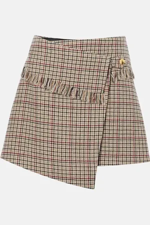 Ganni Checked wool-blend wrap skirt