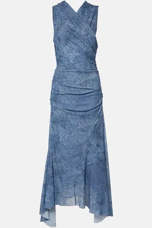Ganni Printed ruched mesh maxi dress