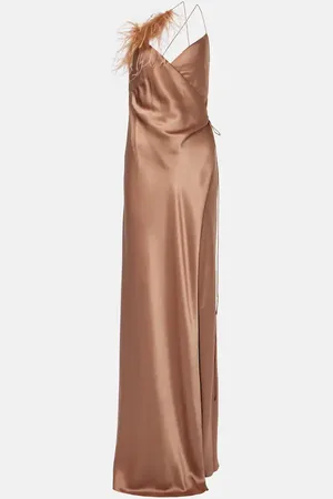 The Sei Feather-trimmed silk satin wrap dress