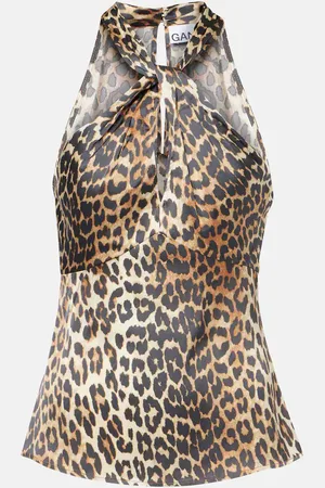 Ganni Leopard-print halterneck satin top