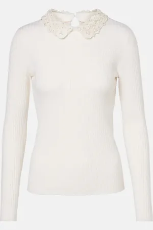 Carolina Herrera Embellished ribbed-knit wool top