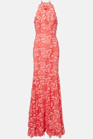 MONIQUE LHUILLIER Floral-appliquÃ© halterneck gown
