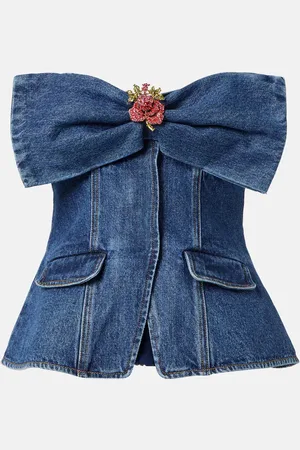 Self-Portrait Embellished strapless denim top