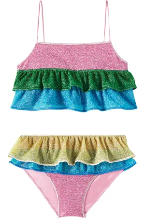 Oseree OsÃ©ree Kids LumiÃ¨re striped ruffled lamÃ© bikini