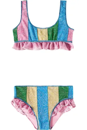 Oseree OsÃ©ree Kids LumiÃ¨re striped ruffled lamÃ© bikini