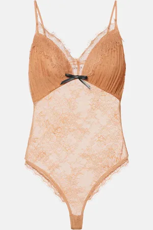 Self-Portrait Embroidered lace-trimmed mesh bodysuit