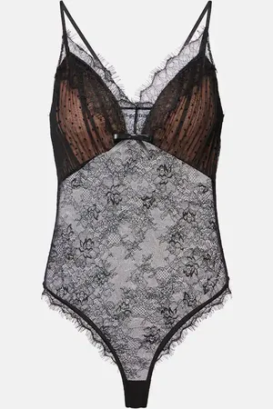 Self-Portrait Embroidered lace-trimmed mesh bodysuit