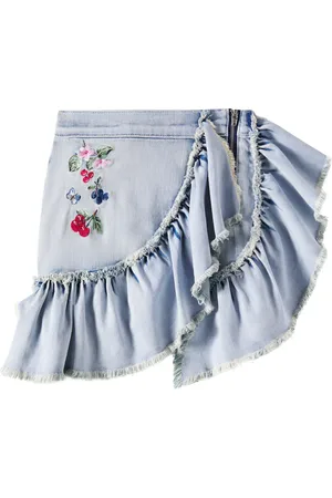 MONNALISA Distressed patch-appliquÃ© ruffled denim skirt