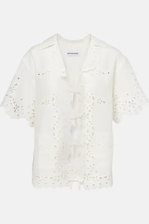 Self-Portrait Embroidered cutout linen and cotton top