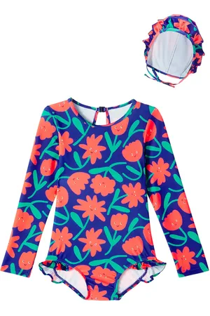 Jelly Mallow Floral ruffled swimsuit and cap set