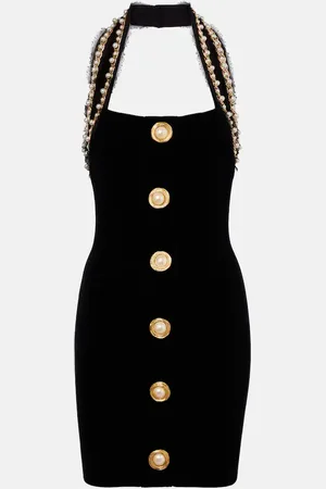 Balmain Faux pearl-embellished velvet minidress