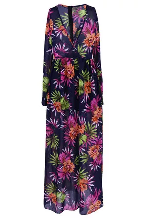Newchic Women Deep V-Neck Floral Printed Chiffon See-Through Maxi Dresses